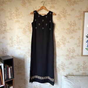 Vintage 90s dark navy blue floral embroidered boho cottagecore maxi dress size 4